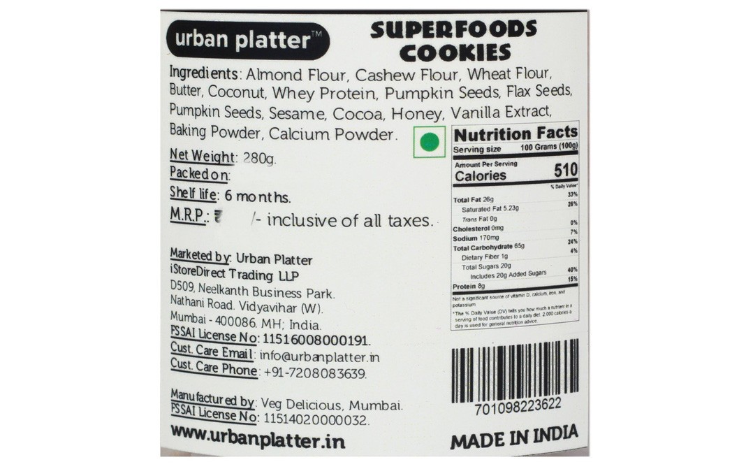 Urban Platter Super Foods Cookies    Plastic Jar  280 grams